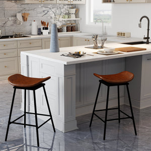 Set of 2 Swivel Barstools Faux Leather Upholstered Backless with Footrest-Brown view 2