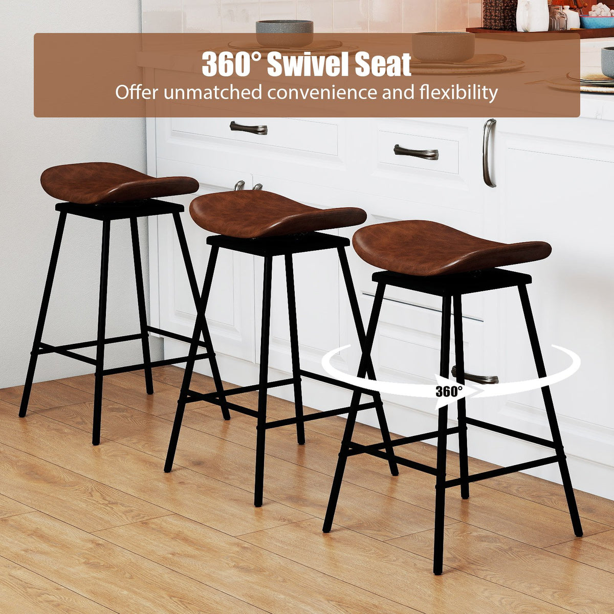 Set of 2 Swivel Barstools Faux Leather Upholstered Backless with Footrest-Brown view 5