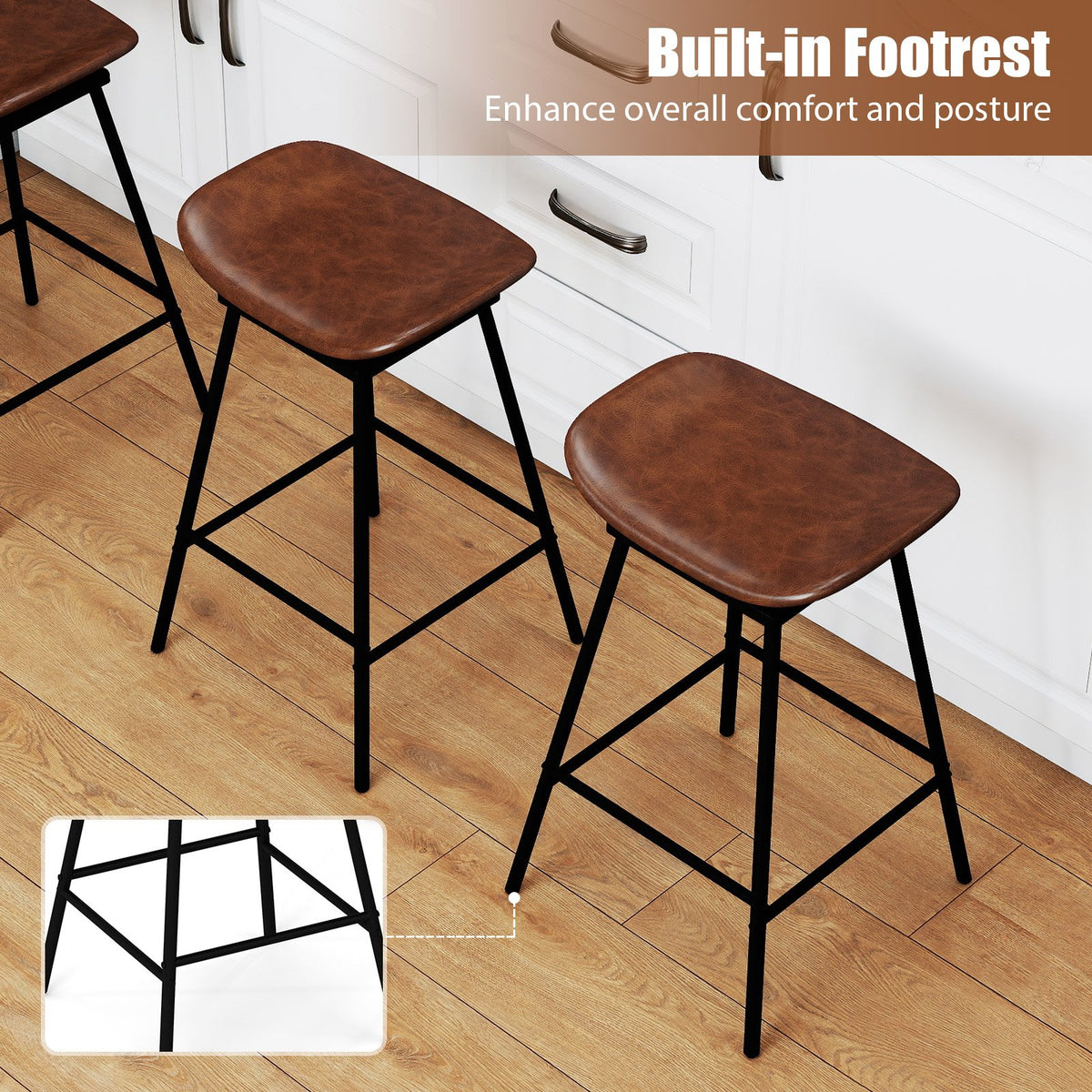 Set of 2 Swivel Barstools Faux Leather Upholstered Backless with Footrest-Brown view 7