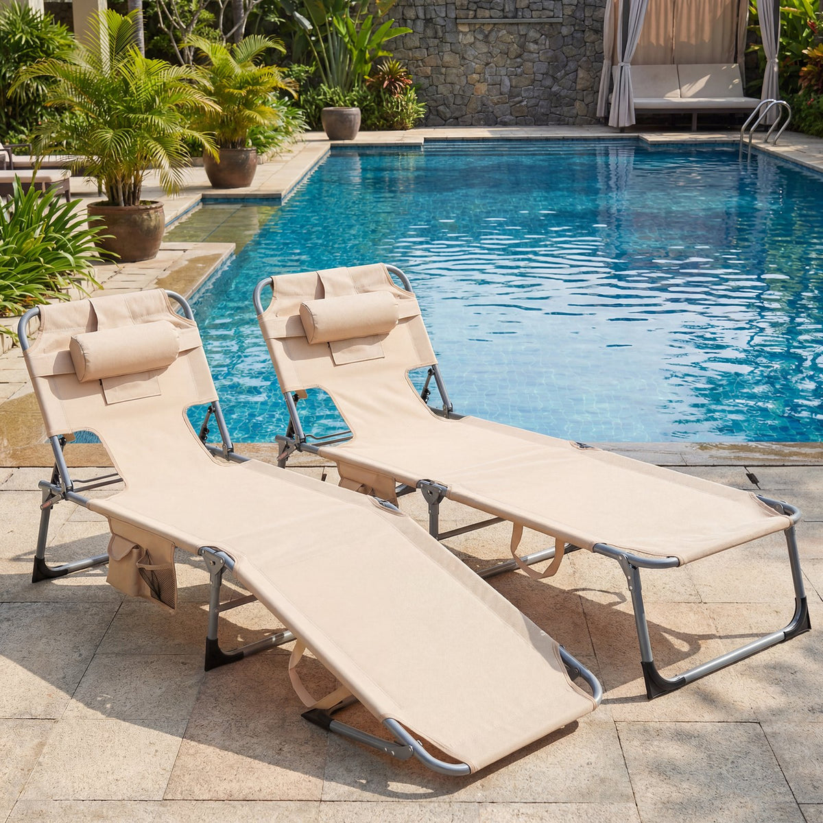 Set of 2 Tanning Chair Portable Chaise Lounge Chair with 4-Position Adjustable Backrest-Beige view 2
