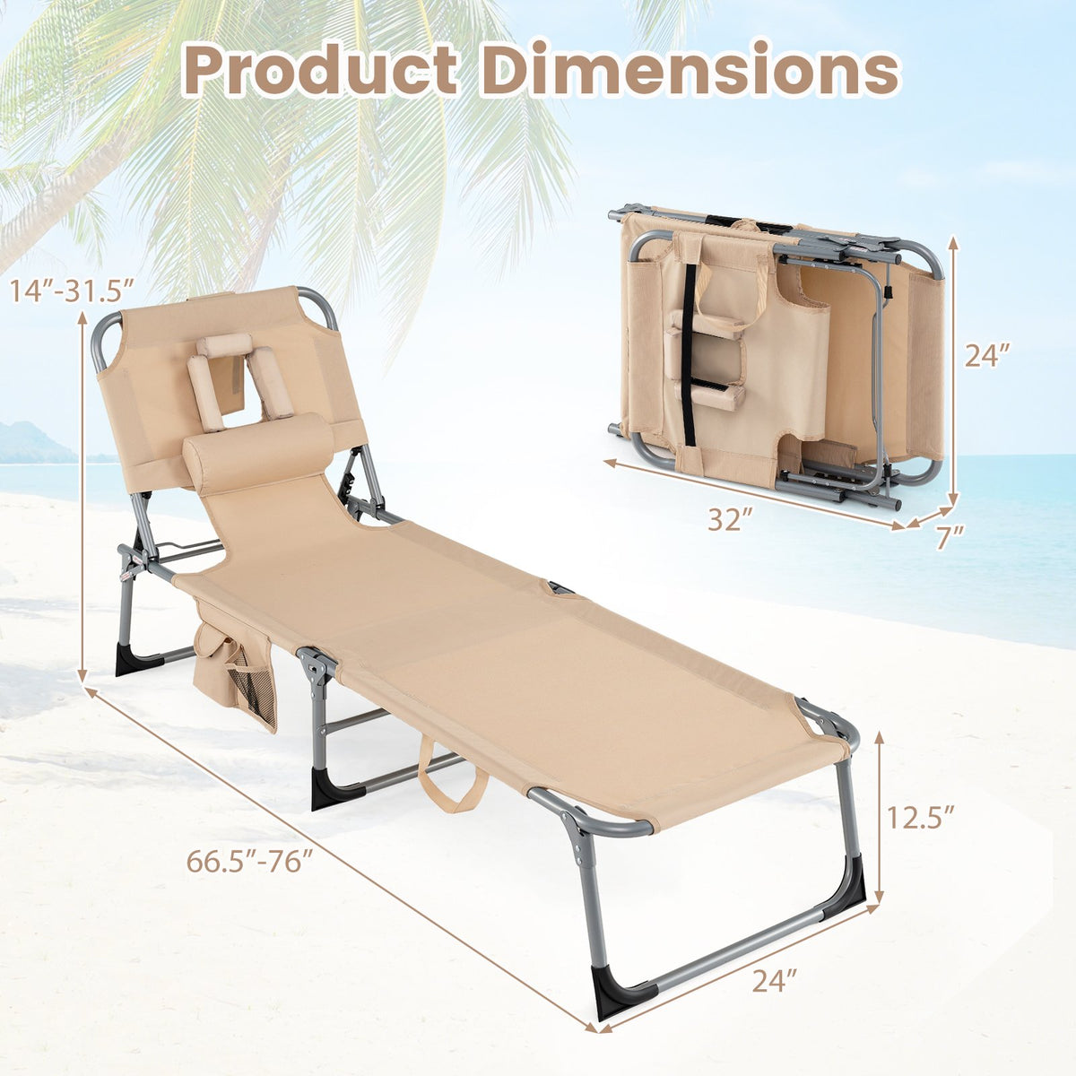 Set of 2 Tanning Chair Portable Chaise Lounge Chair with 4-Position Adjustable Backrest-Beige view 4
