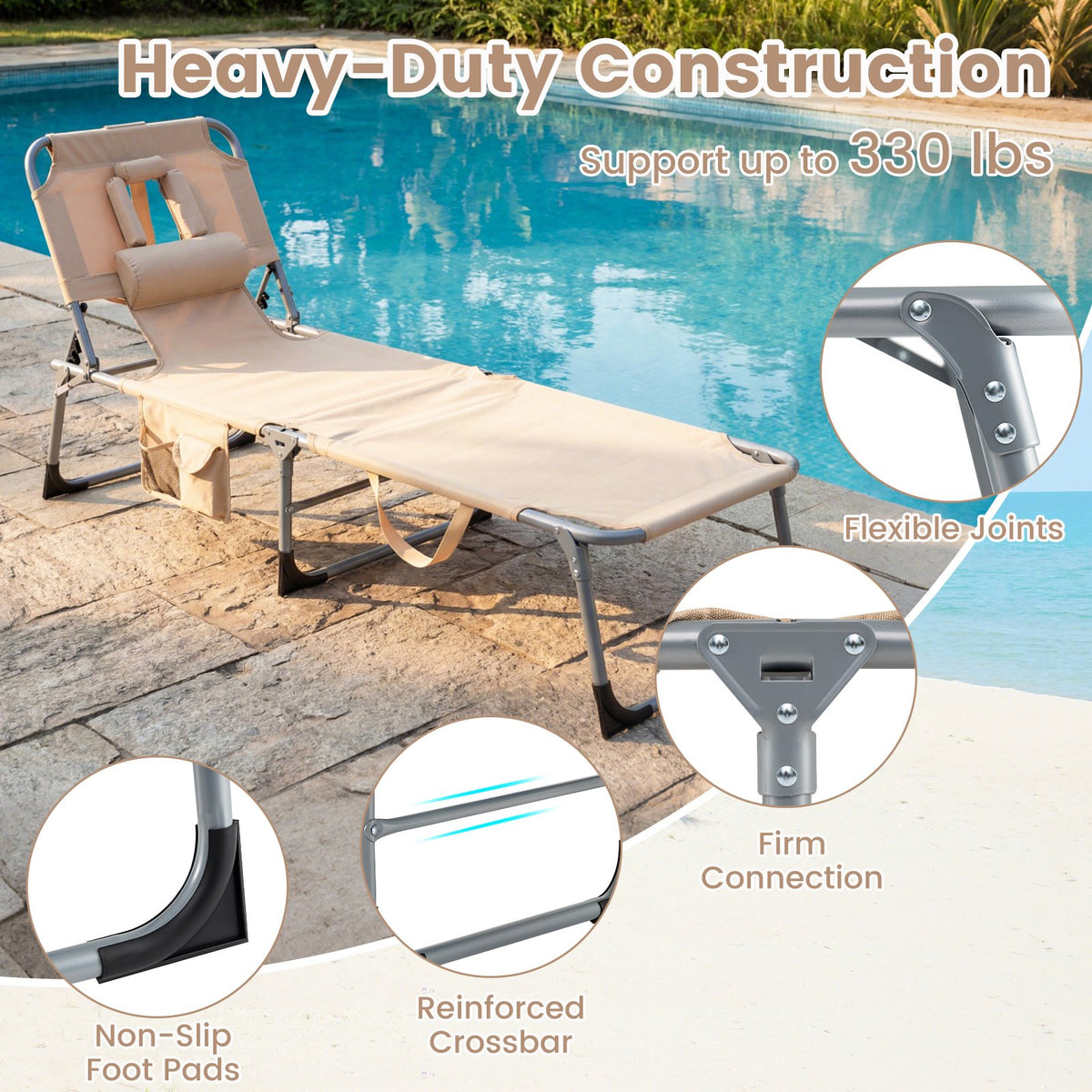 Set of 2 Tanning Chair Portable Chaise Lounge Chair with 4-Position Adjustable Backrest-Beige view 8