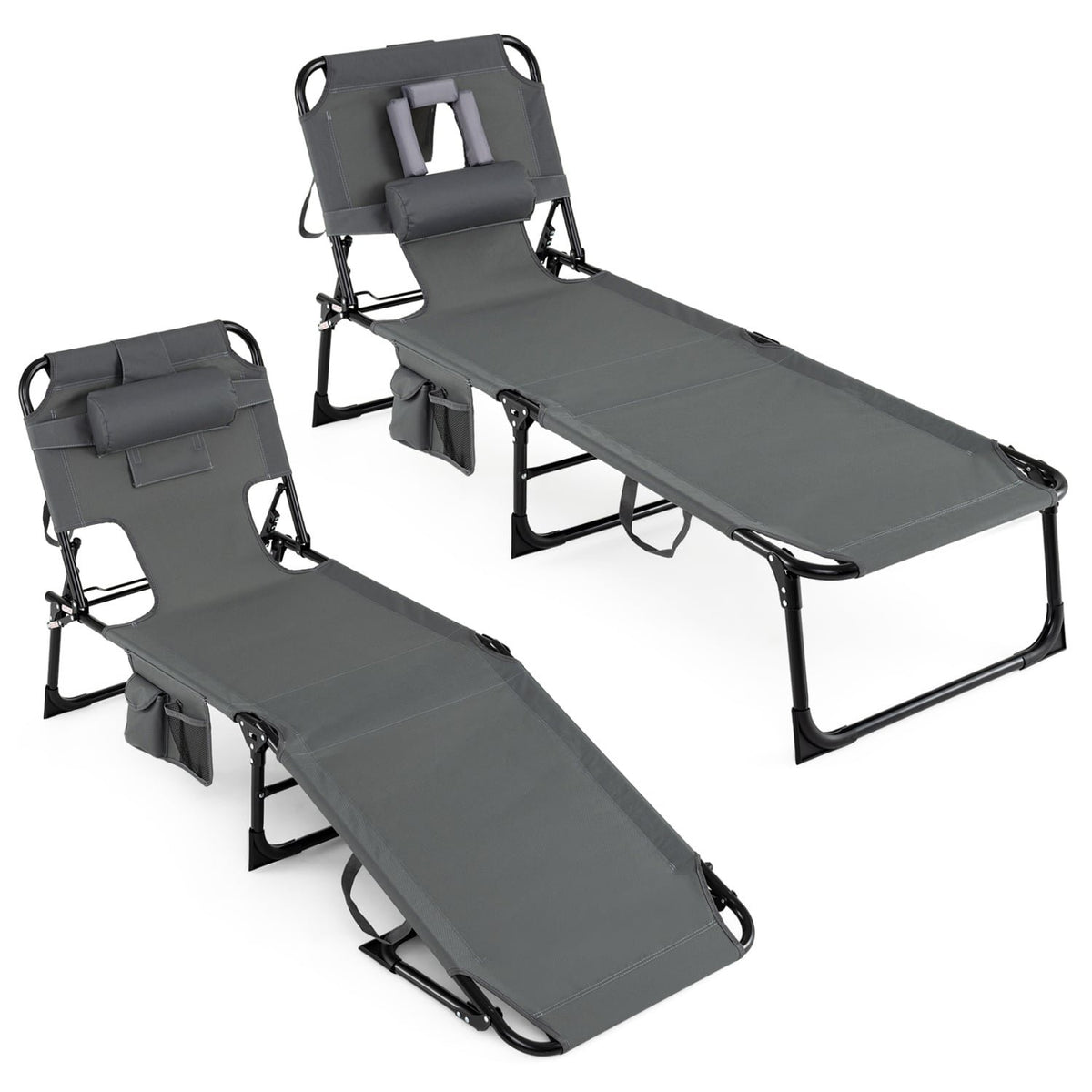 Set of 2 Tanning Chair Portable Chaise Lounge Chair with 4-Position Adjustable Backrest-Gray