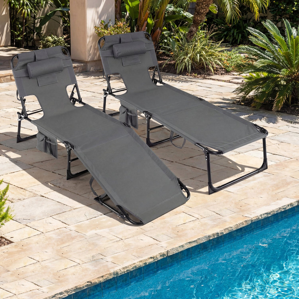 Set of 2 Tanning Chair Portable Chaise Lounge Chair with 4-Position Adjustable Backrest-Gray view 3