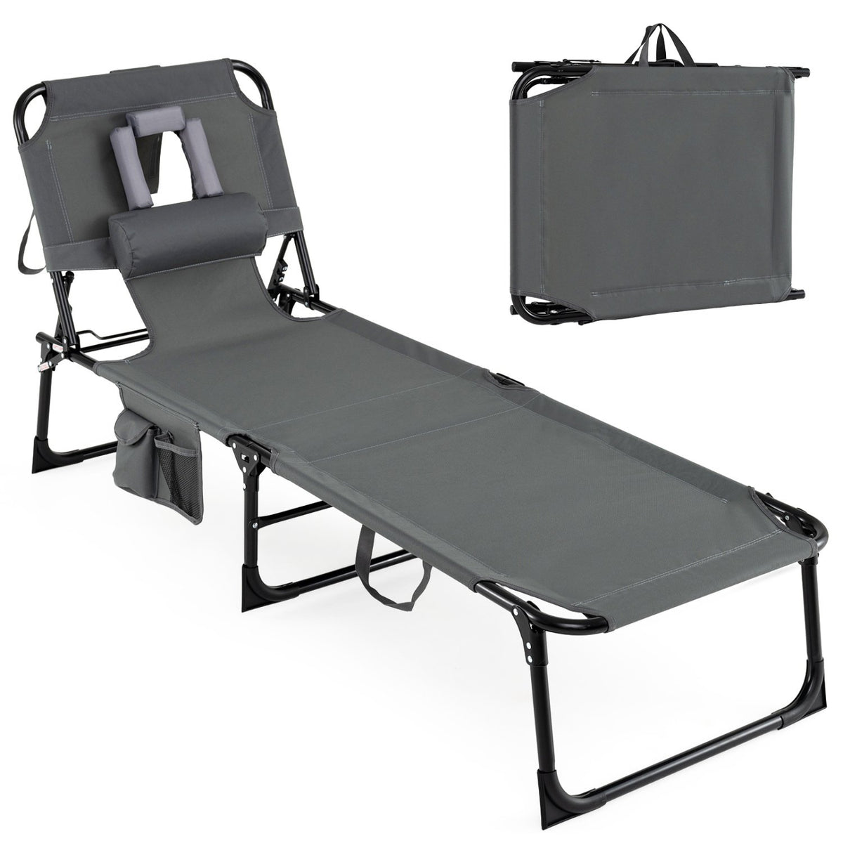 Set of 2 Tanning Chair Portable Chaise Lounge Chair with 4-Position Adjustable Backrest-Gray view 4