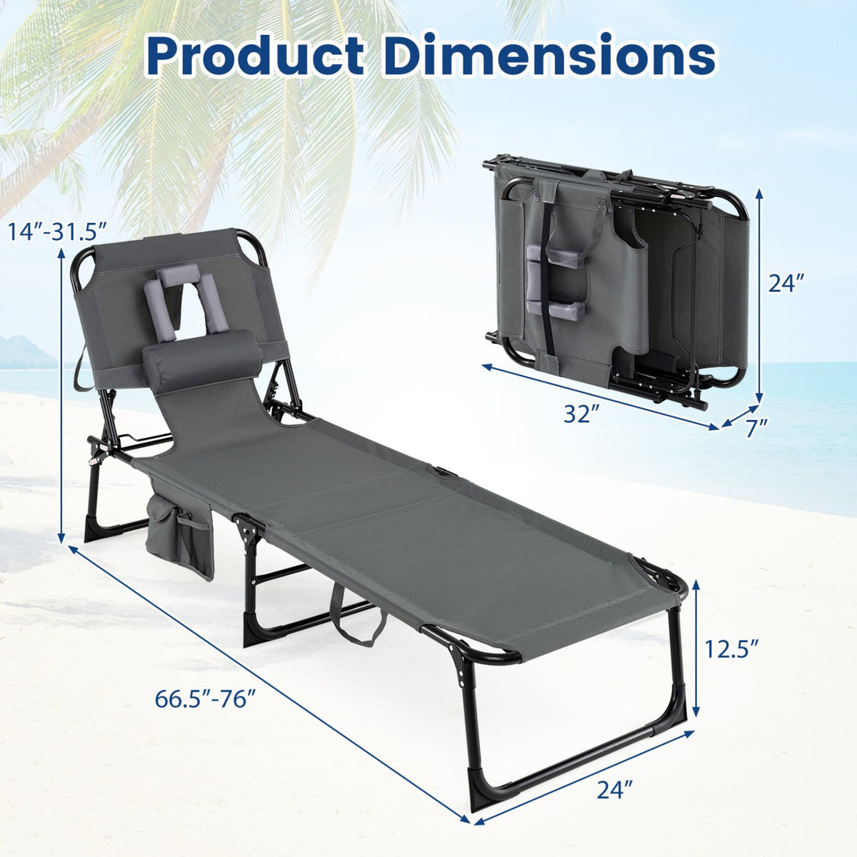 Set of 2 Tanning Chair Portable Chaise Lounge Chair with 4-Position Adjustable Backrest-Gray view 5