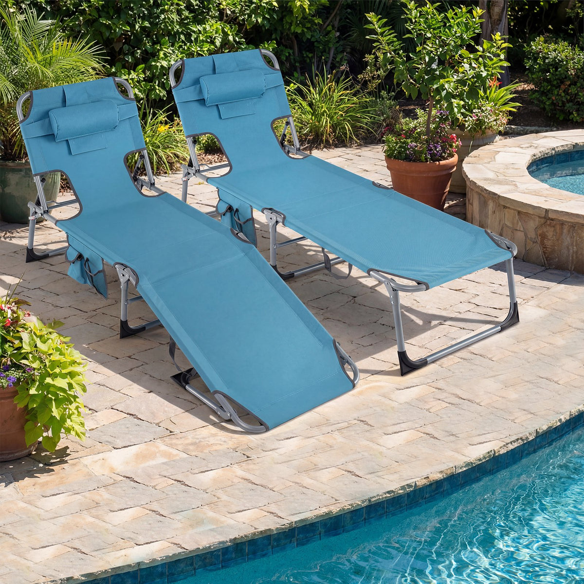 Set of 2 Tanning Chair Portable Chaise Lounge Chair with 4-Position Adjustable Backrest-Navy view 2