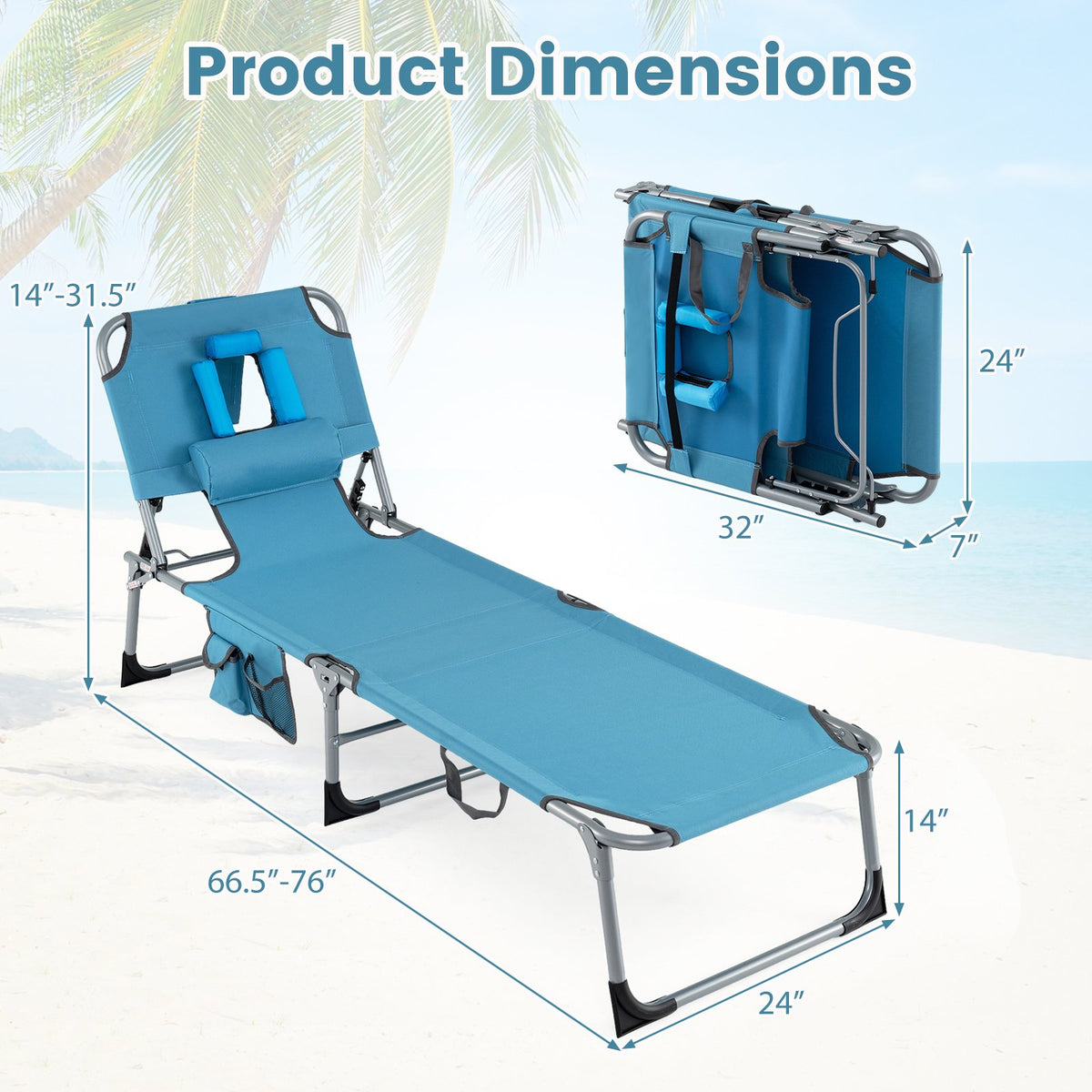 Set of 2 Tanning Chair Portable Chaise Lounge Chair with 4-Position Adjustable Backrest-Navy view 4