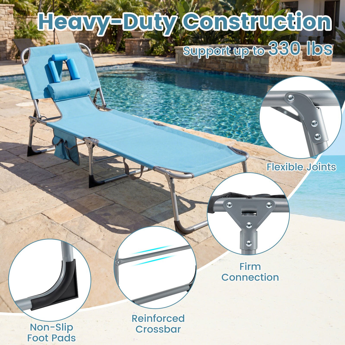 Set of 2 Tanning Chair Portable Chaise Lounge Chair with 4-Position Adjustable Backrest-Navy view 8