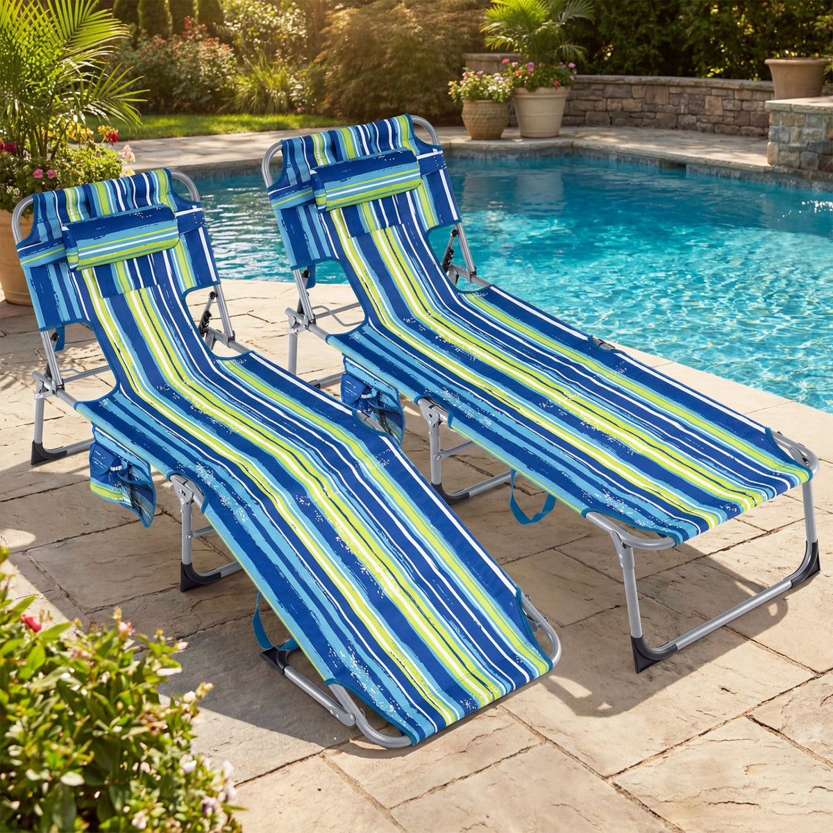 Set of 2 Tanning Chair Portable Chaise Lounge Chair with 4-Position Adjustable Backrest-Turquoise view 3
