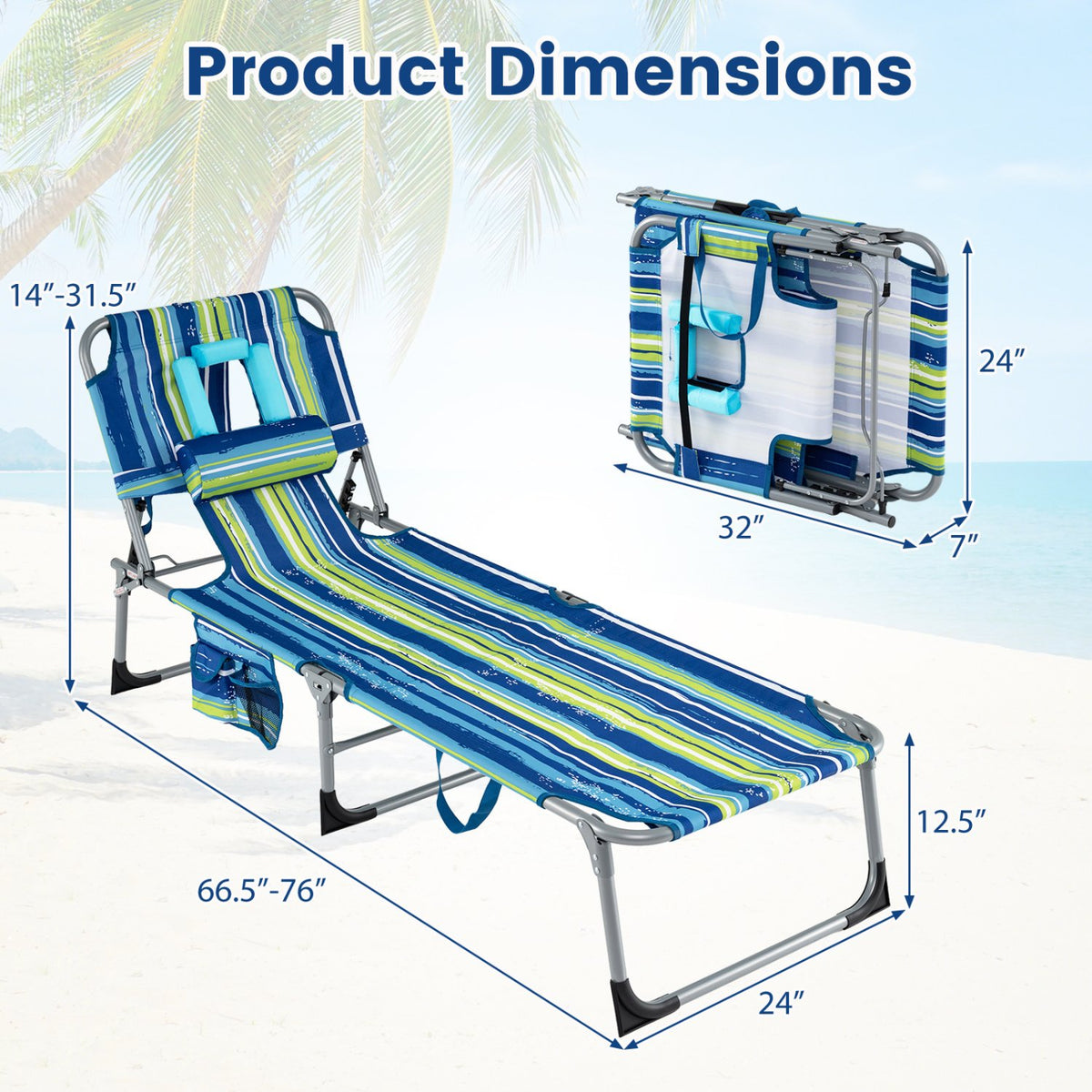 Set of 2 Tanning Chair Portable Chaise Lounge Chair with 4-Position Adjustable Backrest-Turquoise view 5