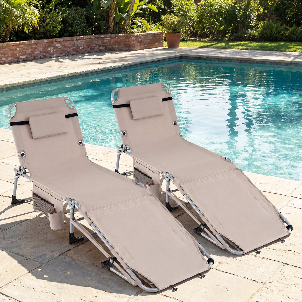 Set of 2 Tanning Chairs with Face Arm Holes Portable with 4-Level Backrest-Beige view 2