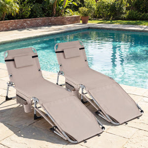 Set of 2 Tanning Chairs with Face Arm Holes Portable with 4-Level Backrest-Beige view 2