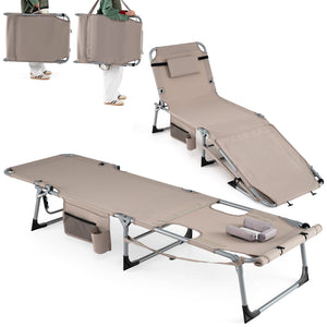Set of 2 Tanning Chairs with Face Arm Holes Portable with 4-Level Backrest-Beige view 4