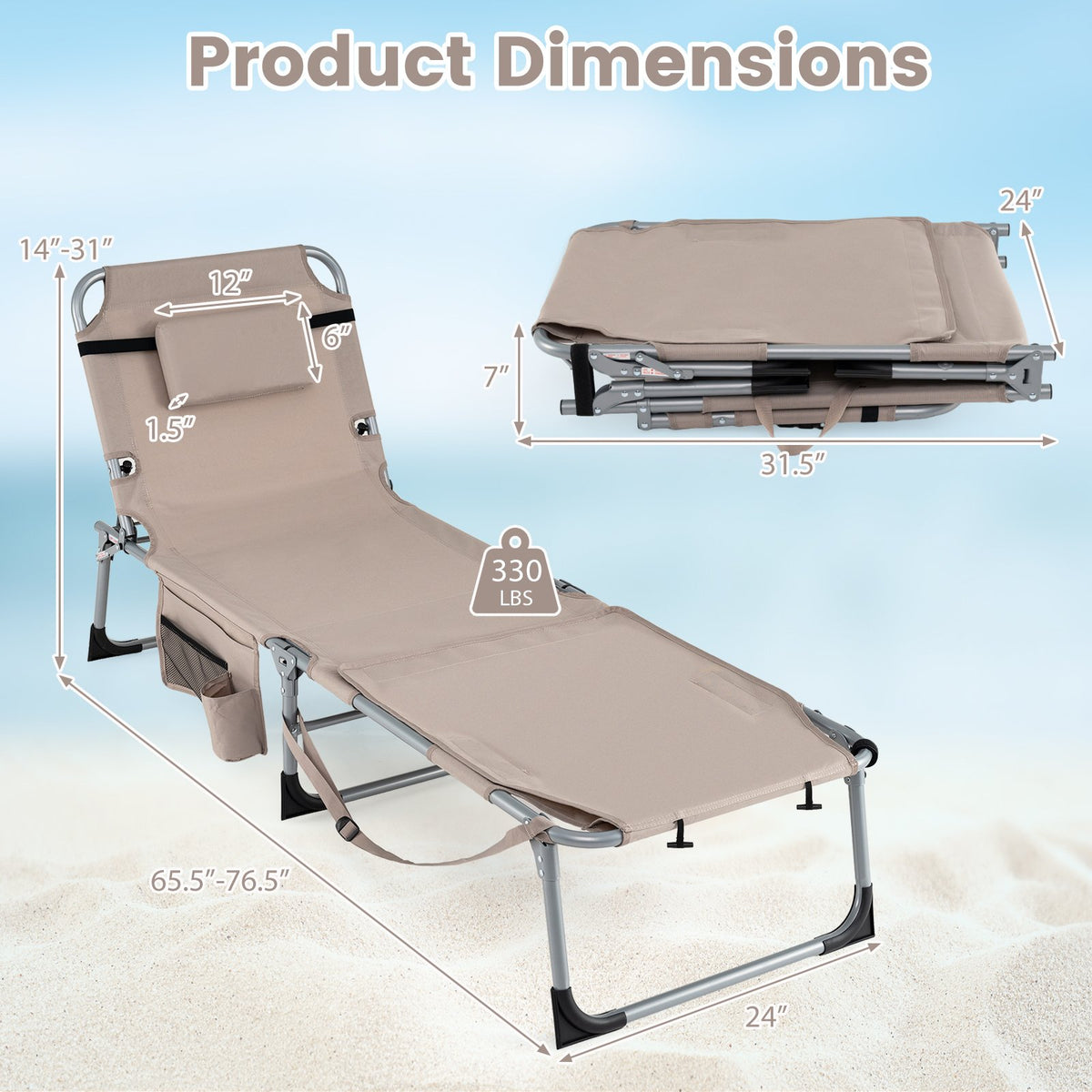 Set of 2 Tanning Chairs with Face Arm Holes Portable with 4-Level Backrest-Beige view 5