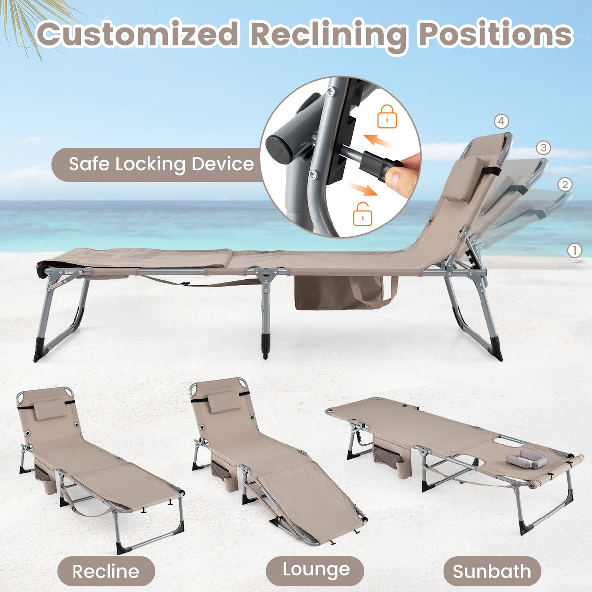 Set of 2 Tanning Chairs with Face Arm Holes Portable with 4-Level Backrest-Beige view 6