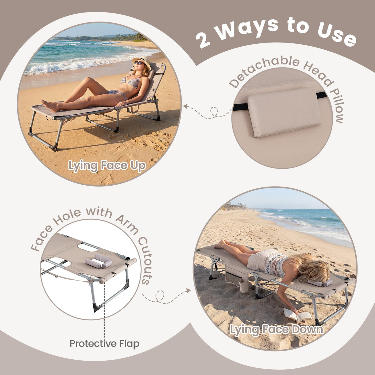 Set of 2 Tanning Chairs with Face Arm Holes Portable with 4-Level Backrest-Beige view 7