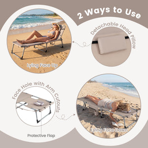 Set of 2 Tanning Chairs with Face Arm Holes Portable with 4-Level Backrest-Beige view 7