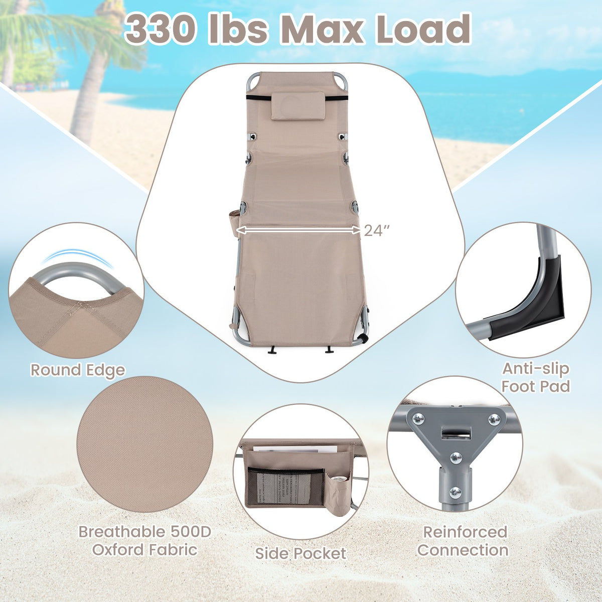 Set of 2 Tanning Chairs with Face Arm Holes Portable with 4-Level Backrest-Beige view 9