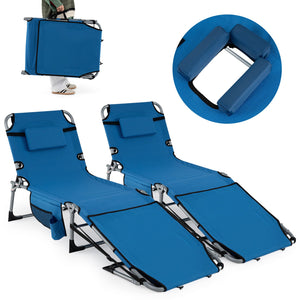 Set of 2 Tanning Chairs with Face Arm Holes Portable with 4-Level Backrest-Blue