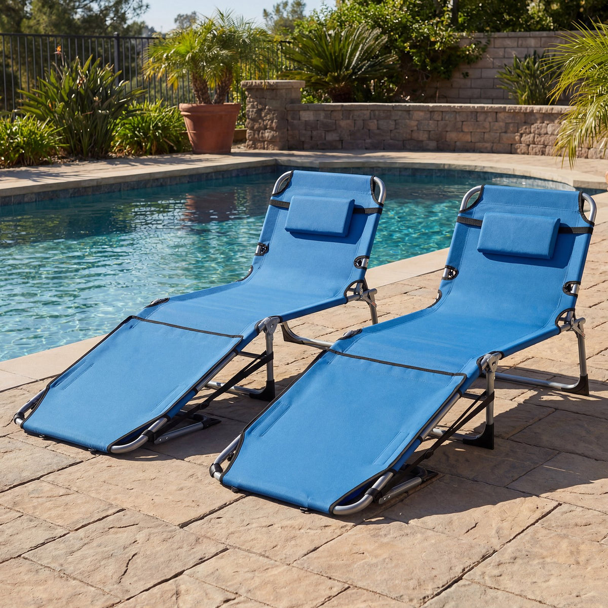 Set of 2 Tanning Chairs with Face Arm Holes Portable with 4-Level Backrest-Blue view 2