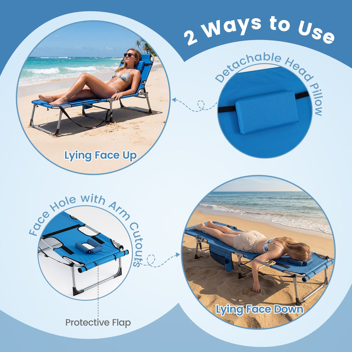 Set of 2 Tanning Chairs with Face Arm Holes Portable with 4-Level Backrest-Blue view 7
