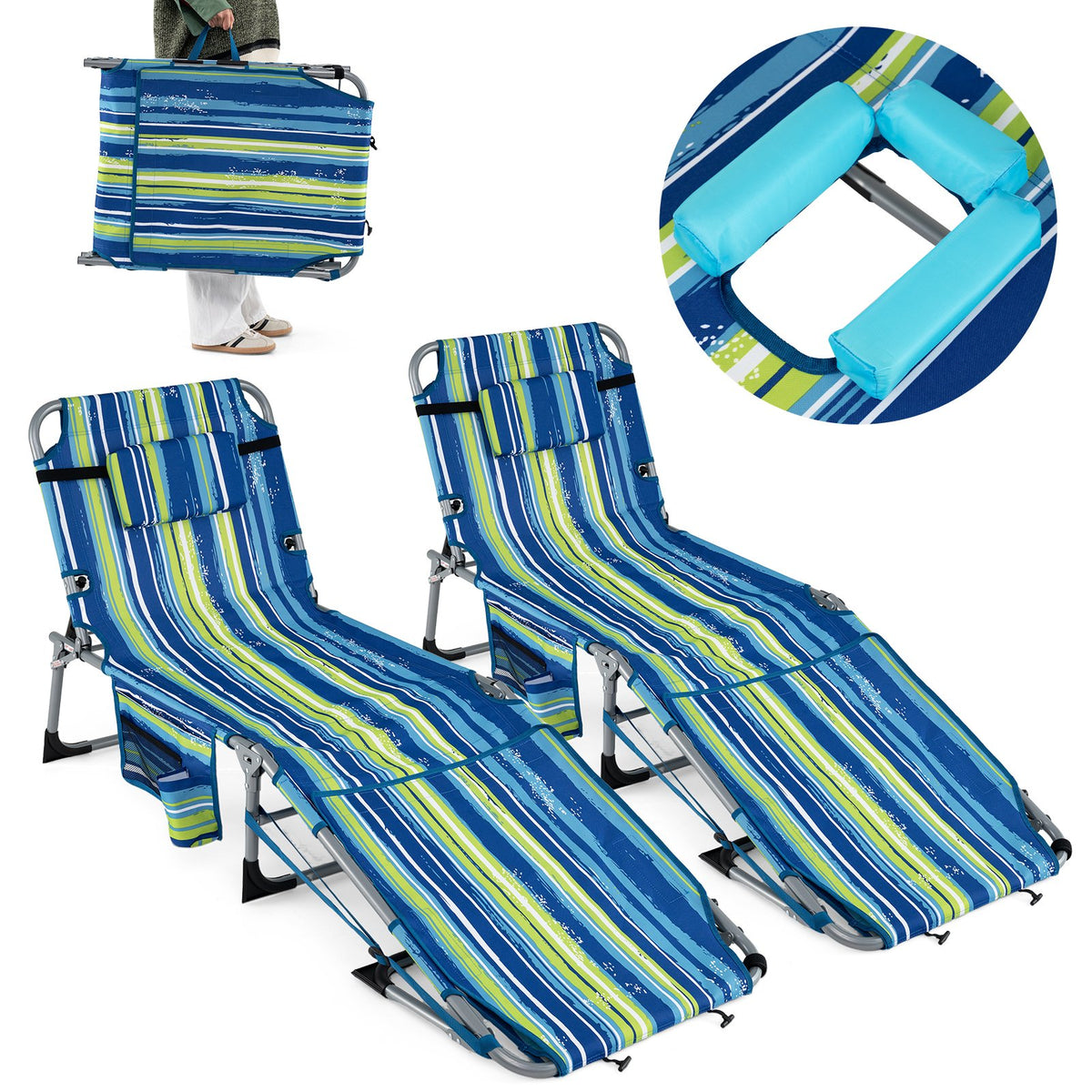 Set of 2 Tanning Chairs with Face Arm Holes Portable with 4-Level Backrest-Blue & Green