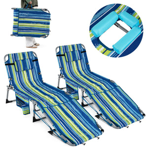 Set of 2 Tanning Chairs with Face Arm Holes Portable with 4-Level Backrest-Blue & Green
