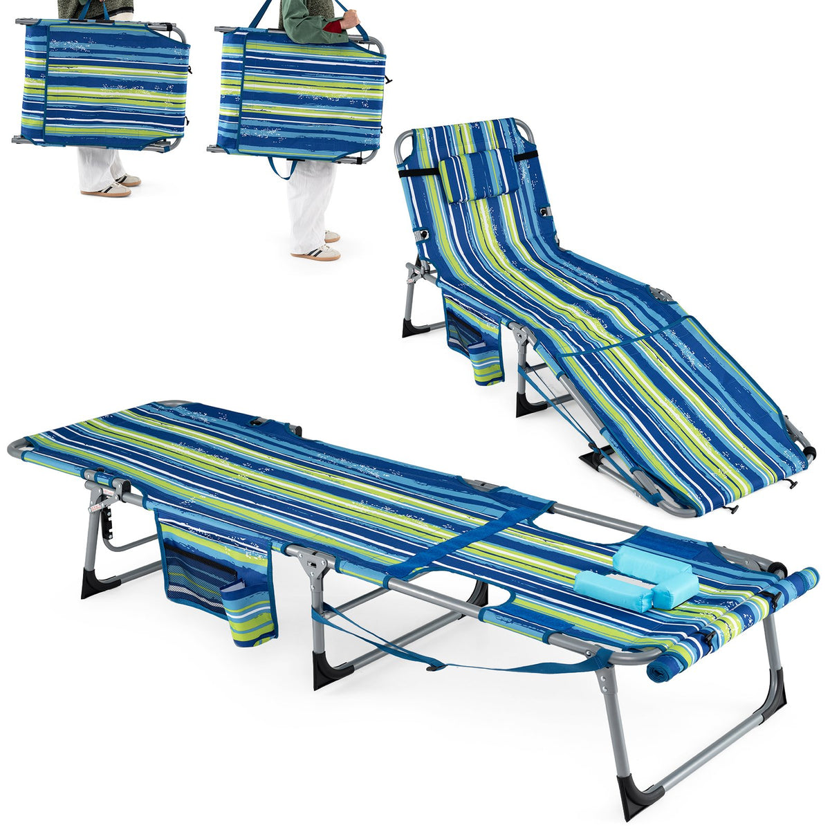 Set of 2 Tanning Chairs with Face Arm Holes Portable with 4-Level Backrest-Blue & Green view 4
