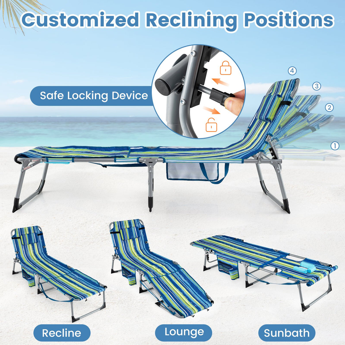 Set of 2 Tanning Chairs with Face Arm Holes Portable with 4-Level Backrest-Blue & Green view 6