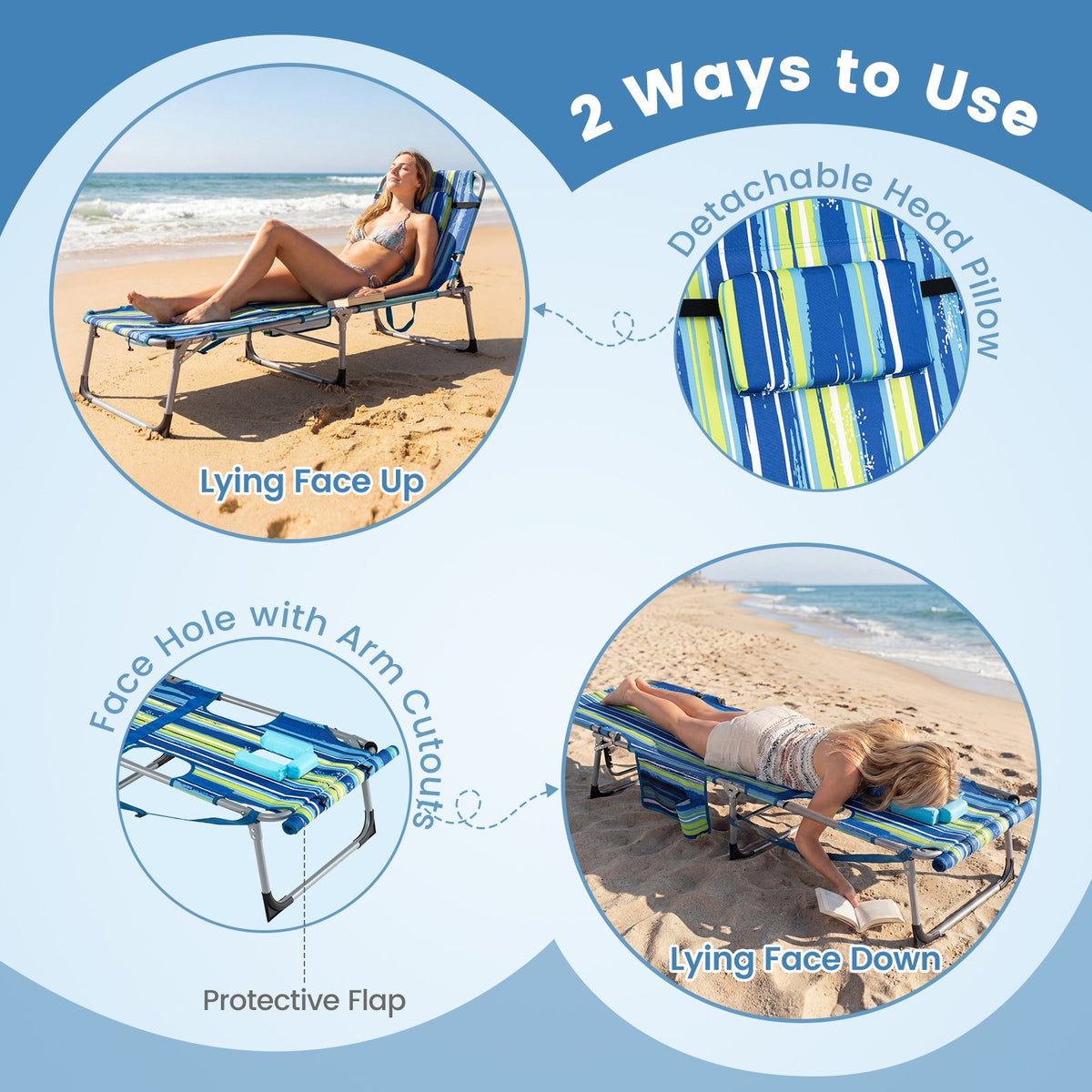 Set of 2 Tanning Chairs with Face Arm Holes Portable with 4-Level Backrest-Blue & Green view 7