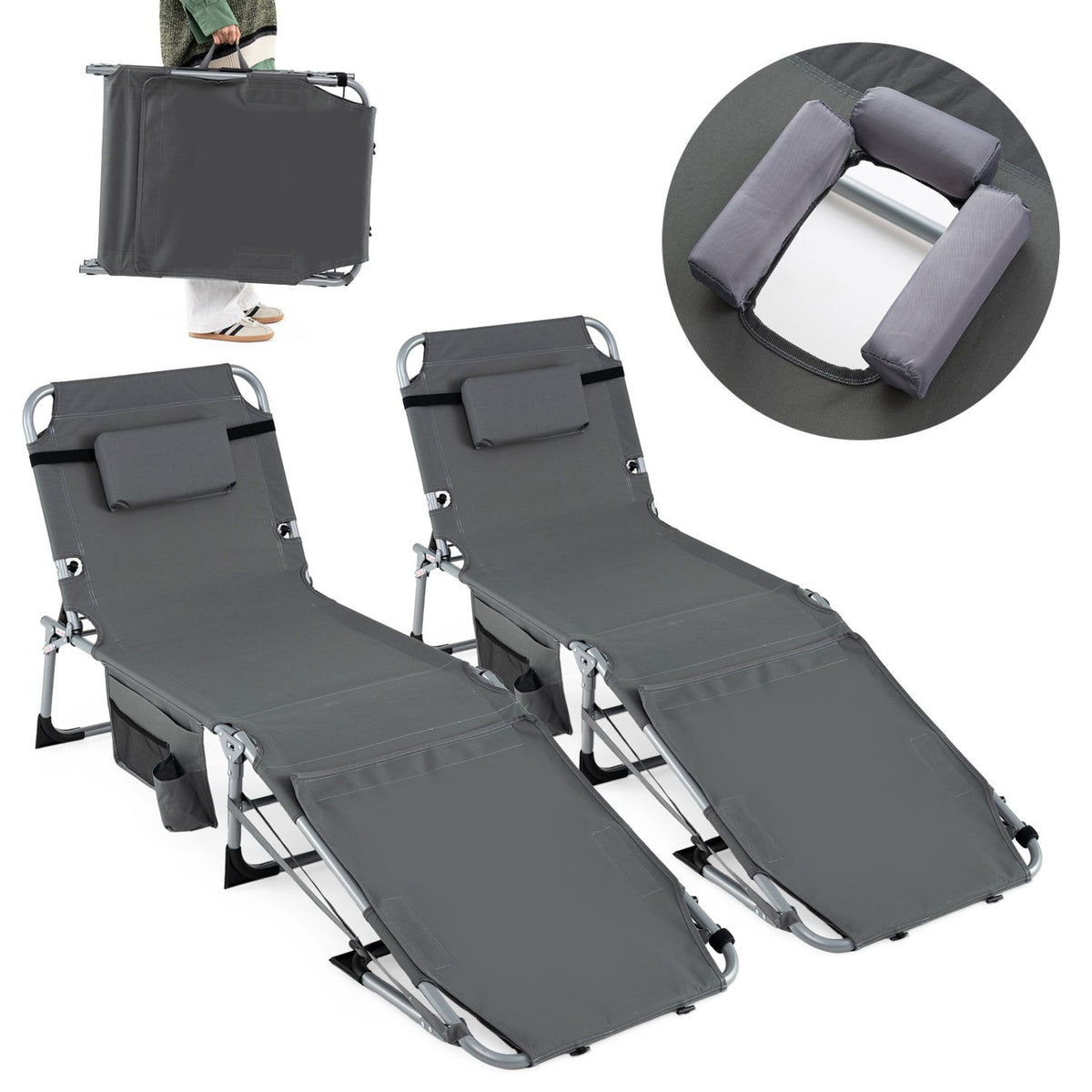 Set of 2 Tanning Chairs with Face Arm Holes Portable with 4-Level Backrest-Gray