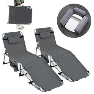 Set of 2 Tanning Chairs with Face Arm Holes Portable with 4-Level Backrest-Gray
