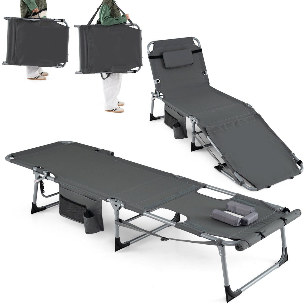 Set of 2 Tanning Chairs with Face Arm Holes Portable with 4-Level Backrest-Gray view 4