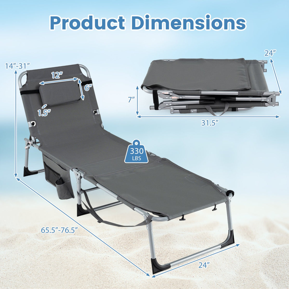 Set of 2 Tanning Chairs with Face Arm Holes Portable with 4-Level Backrest-Gray view 5