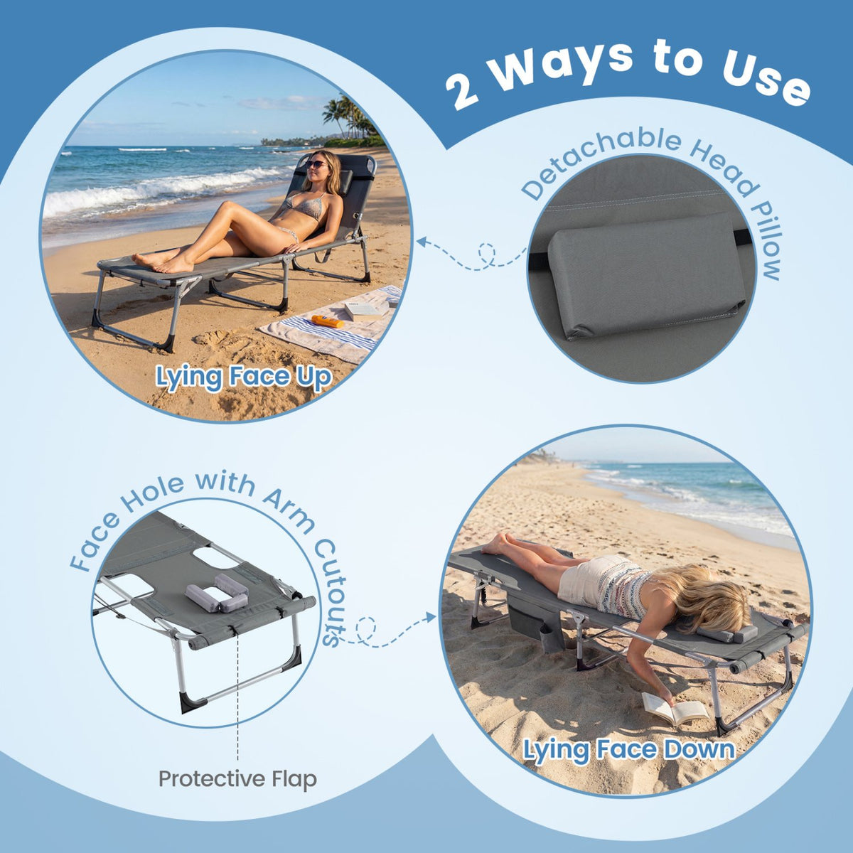 Set of 2 Tanning Chairs with Face Arm Holes Portable with 4-Level Backrest-Gray view 7