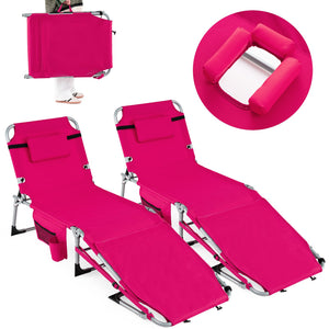 Set of 2 Tanning Chairs with Face Arm Holes Portable with 4-Level Backrest-Pink