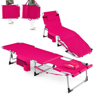 Set of 2 Tanning Chairs with Face Arm Holes Portable with 4-Level Backrest-Pink view 4