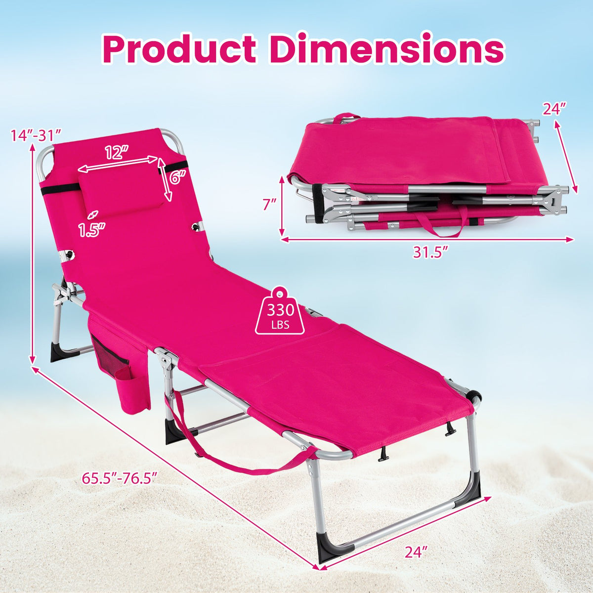 Set of 2 Tanning Chairs with Face Arm Holes Portable with 4-Level Backrest-Pink view 5
