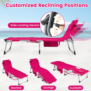 Set of 2 Tanning Chairs with Face Arm Holes Portable with 4-Level Backrest-Pink view 6