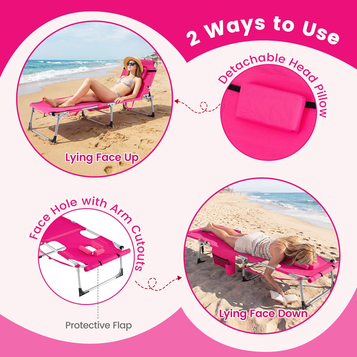 Set of 2 Tanning Chairs with Face Arm Holes Portable with 4-Level Backrest-Pink view 7