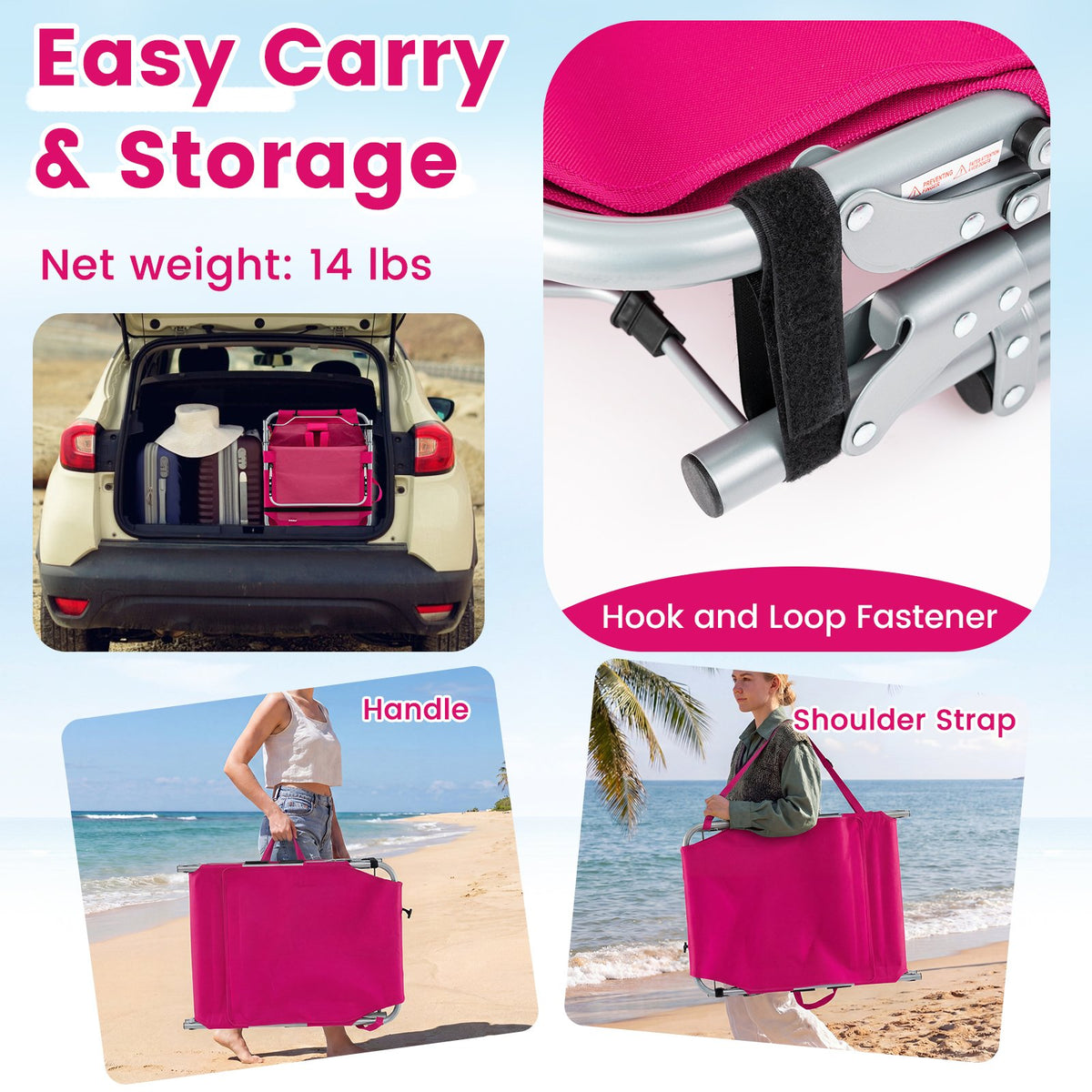 Set of 2 Tanning Chairs with Face Arm Holes Portable with 4-Level Backrest-Pink view 8