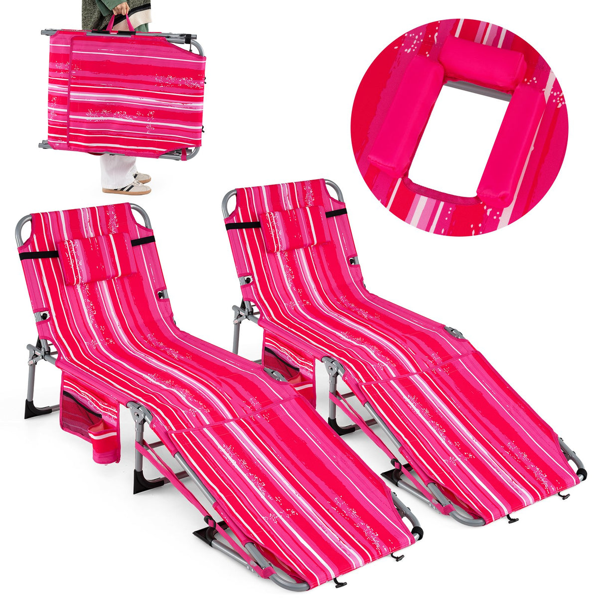 Set of 2 Tanning Chairs with Face Arm Holes Portable with 4-Level Backrest-Pink Strip