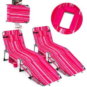Set of 2 Tanning Chairs with Face Arm Holes Portable with 4-Level Backrest-Pink Strip