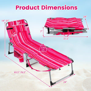 Set of 2 Tanning Chairs with Face Arm Holes Portable with 4-Level Backrest-Pink Strip view 5