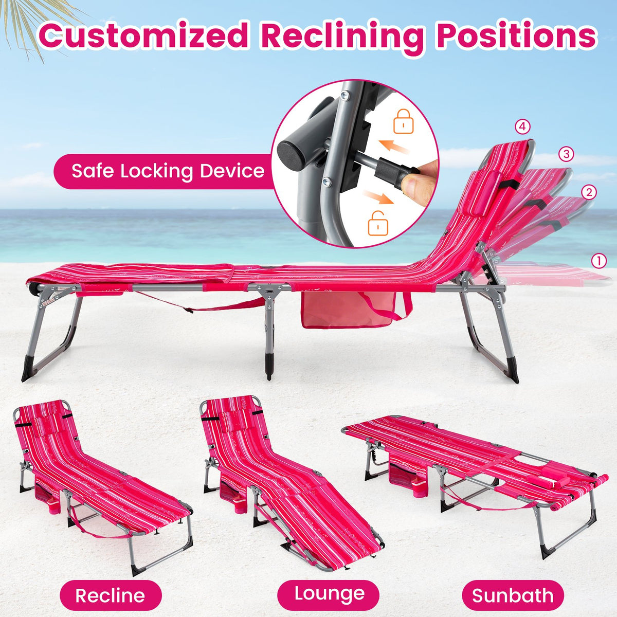 Set of 2 Tanning Chairs with Face Arm Holes Portable with 4-Level Backrest-Pink Strip view 6