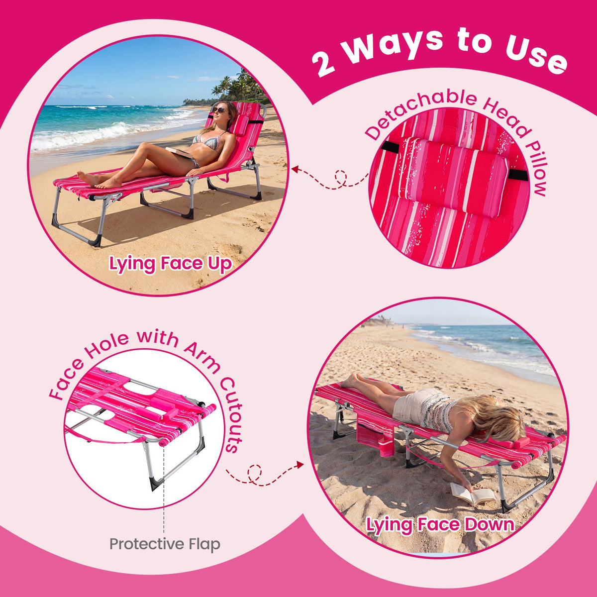 Set of 2 Tanning Chairs with Face Arm Holes Portable with 4-Level Backrest-Pink Strip view 7
