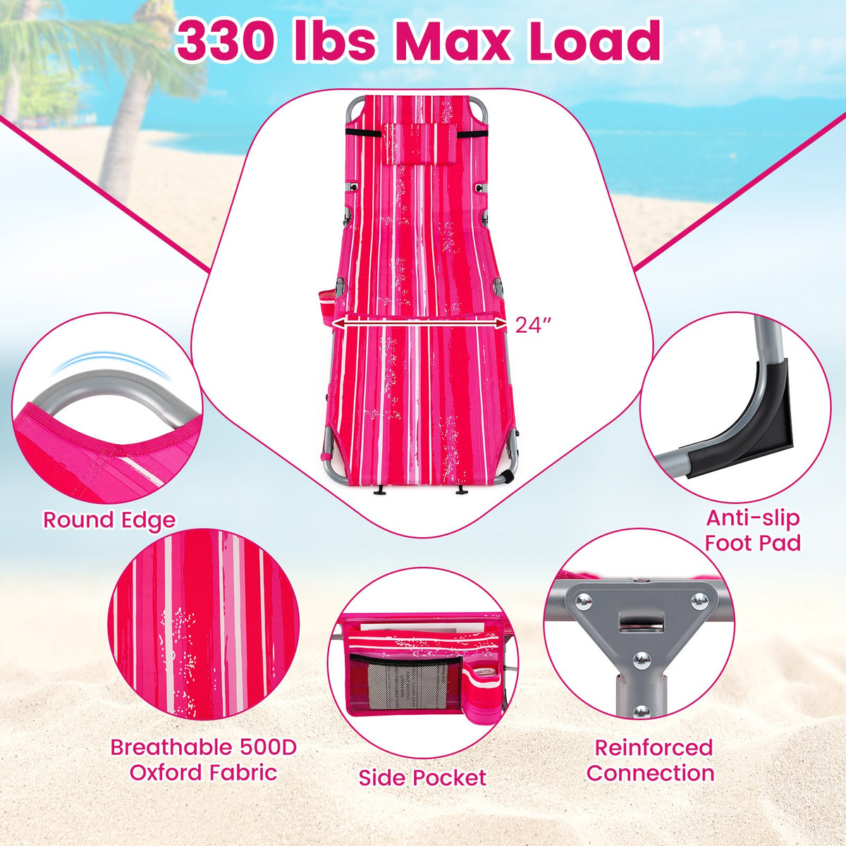 Set of 2 Tanning Chairs with Face Arm Holes Portable with 4-Level Backrest-Pink Strip view 8
