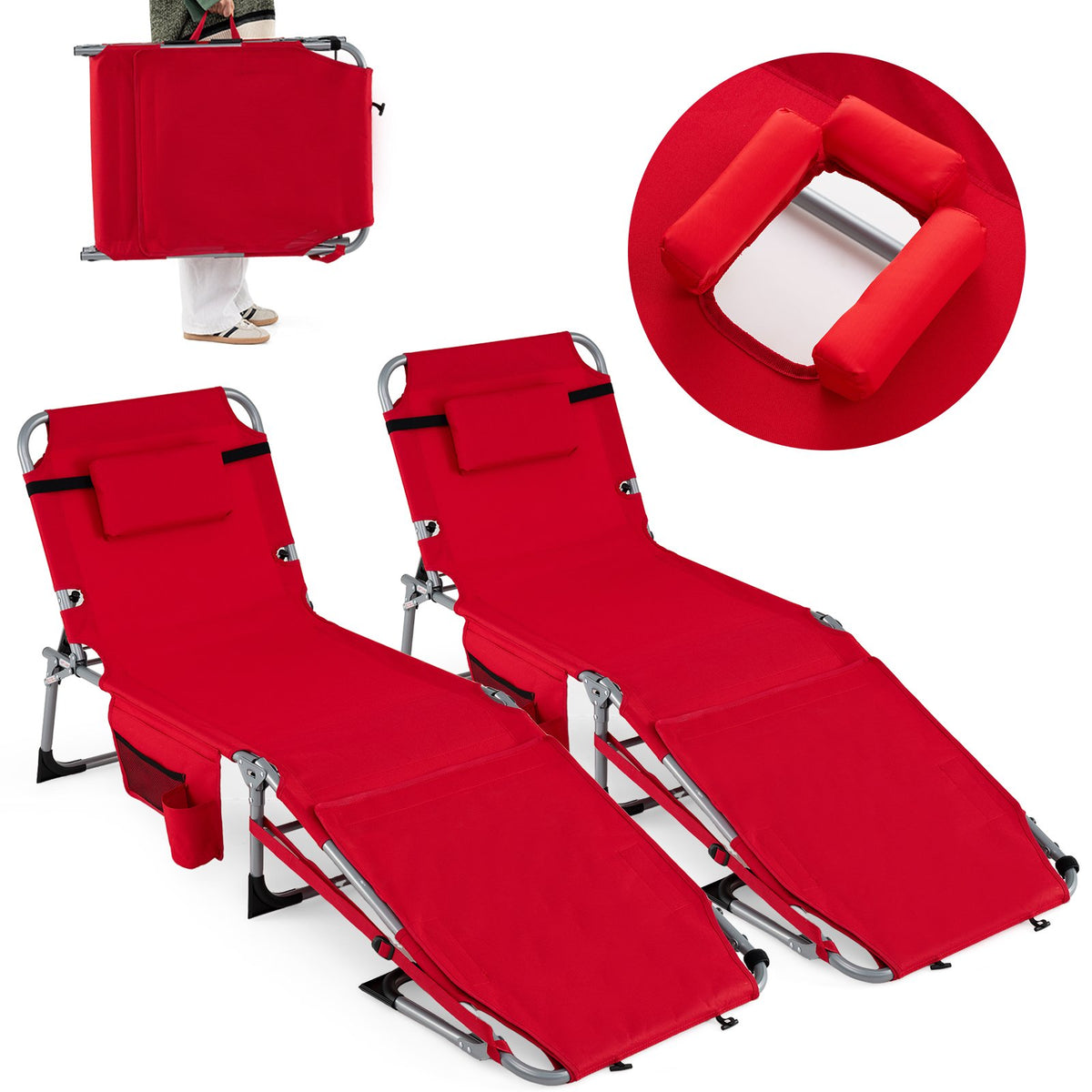 Set of 2 Tanning Chairs with Face Arm Holes Portable with 4-Level Backrest-Red