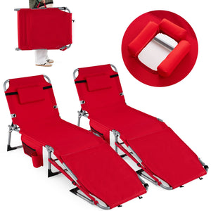 Set of 2 Tanning Chairs with Face Arm Holes Portable with 4-Level Backrest-Red
